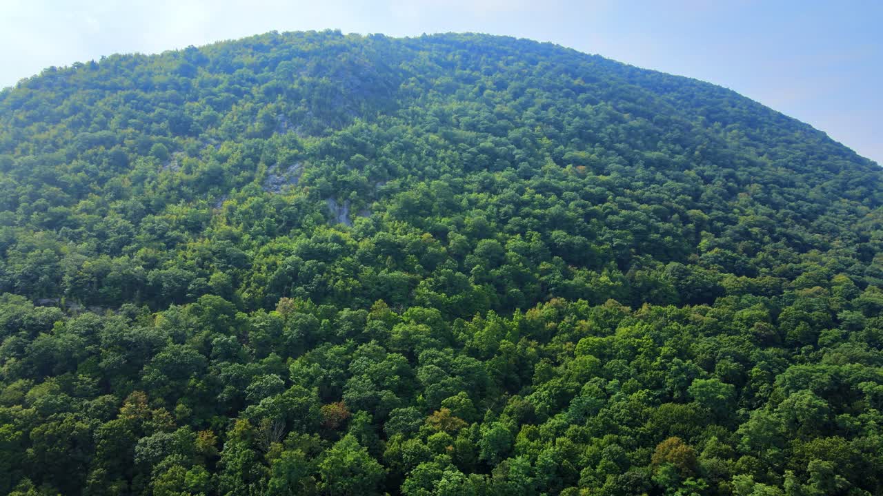 도로가 있는 아름다운 돔형 산이 있는 애팔래치아 산 강 계곡의 공중 드론 영상