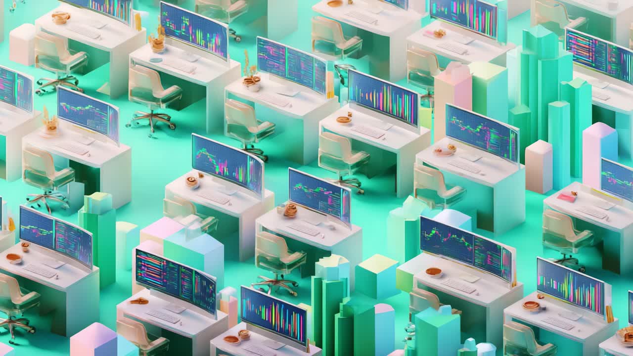 An extensive array of modern workstations, each equipped with multiple screens displaying colorful data diagrams and statistics amidst a vibrant teal environment designed for productivity