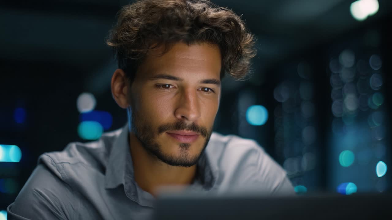 Focused Individual Engaged in Digital Work Late at Night with Soft Lighting, Displaying a Serious Expression and Intense Concentration on Task at Hand