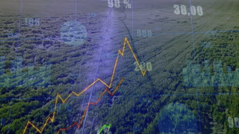 datos financieros y gráficos de animación sobre vista aérea del paisaje forestal