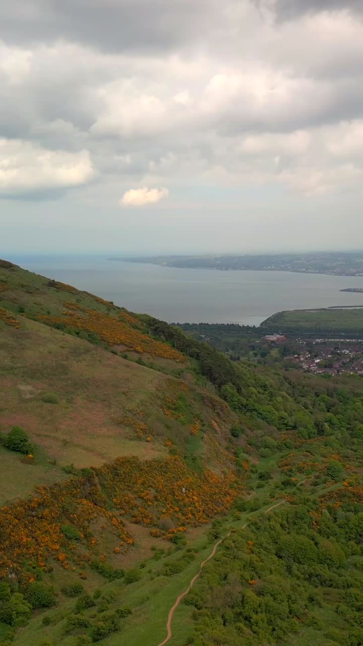 Membalikkan rasio sosial video udara Cavehill di Belfast, County Antrim di Irlandia Utara. Direkam dalam 1080x1920, 60FPS dan dengan warna Rec709