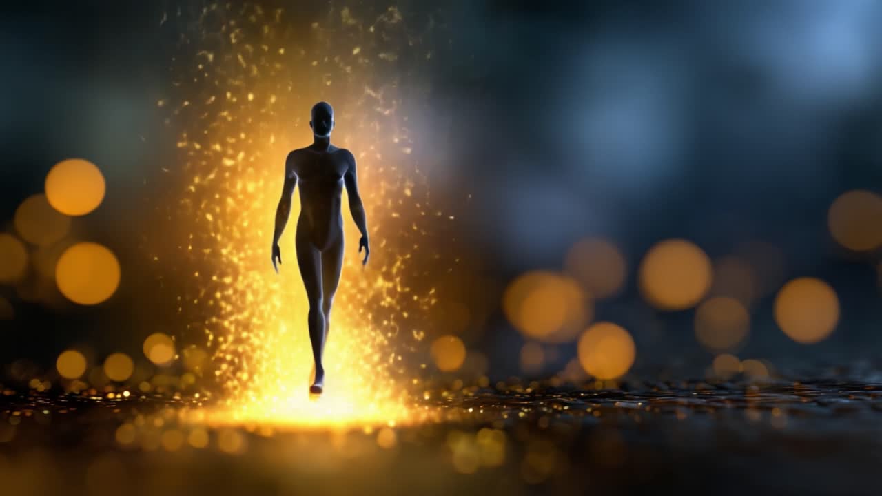 Una figura humanoide digital emerge de un halo de luz brillante, rodeada de un telón de fondo Mystic de bokeh brillante y un sereno telón de fondo de profundidad y color