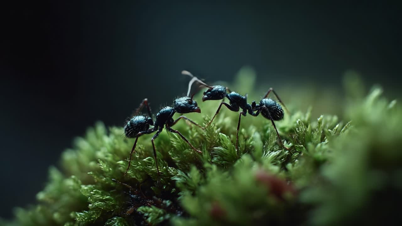 A Close-Up Exploration of Ant Interactions on Vibrant Moss: Observing Their Intricate Communication and Movement in Nature's Microcosm