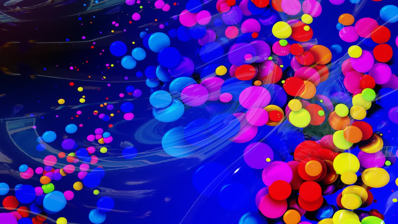 추상적인 반이는 빛나는 표면의 은 배경은 무지개 색의 원과 함께 파란 액체와 같은 파란색 액체가 기름에 있는 페인트의 물방울처럼 떠 있습니다.