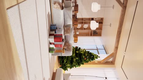 Elegante-Salón-Y-Cocina-Con-Un-árbol-De-Navidad-Y-Regalos---Interior-Renderizado-Vertical