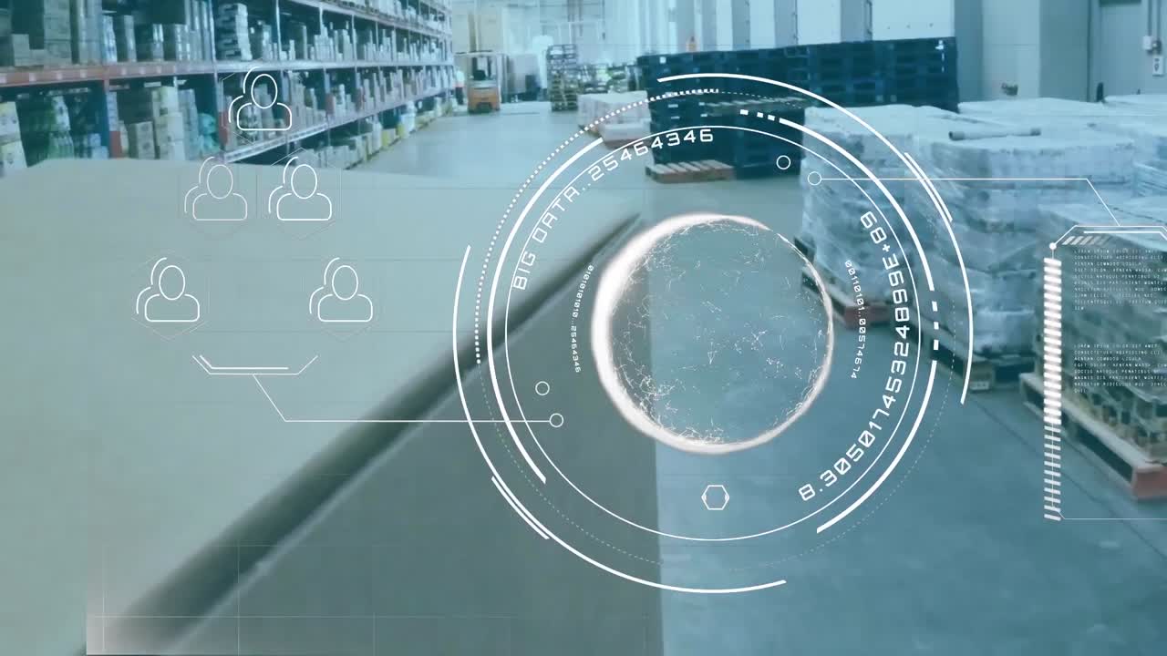 Digital interface with data processing and spinning globe against warehouse in background