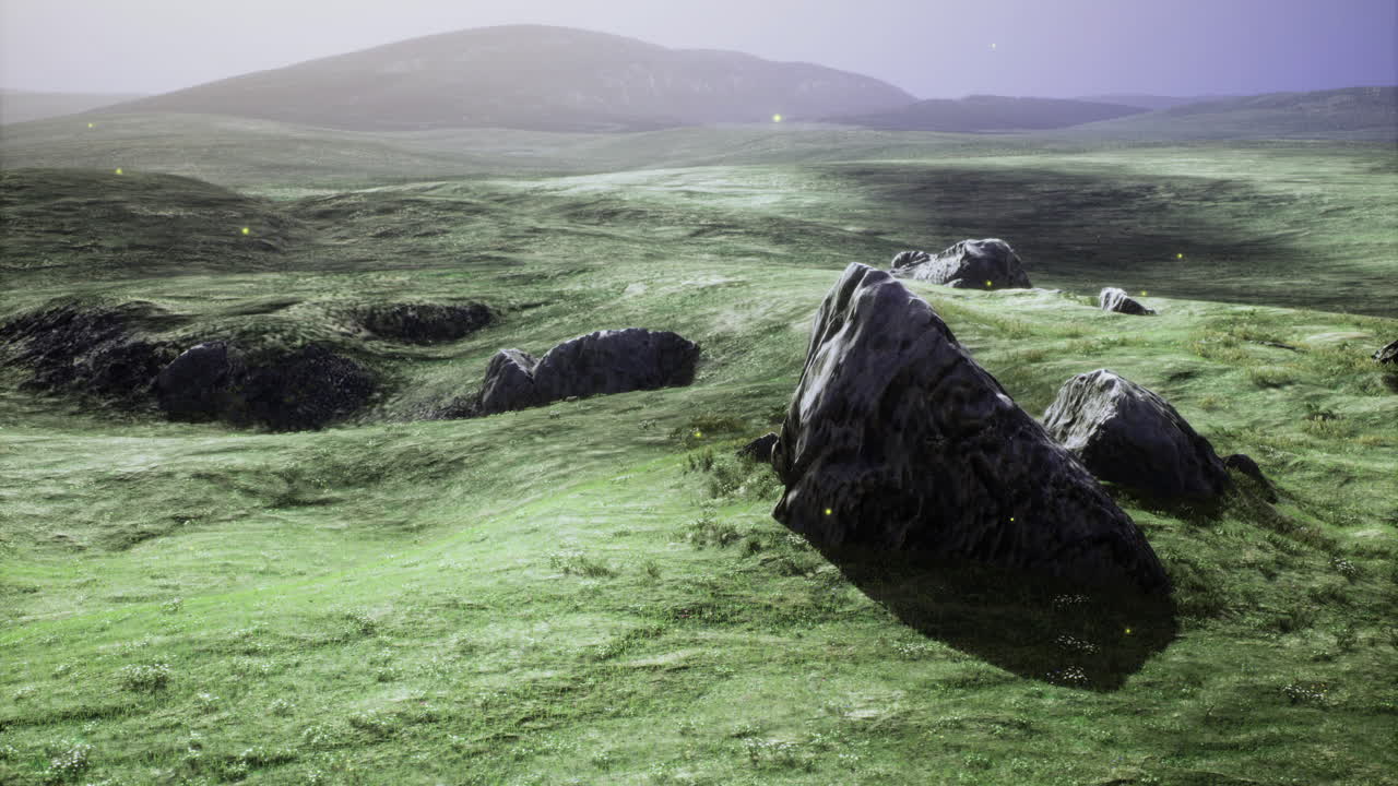 Expansive green landscape with rocky formations under a twilight sky