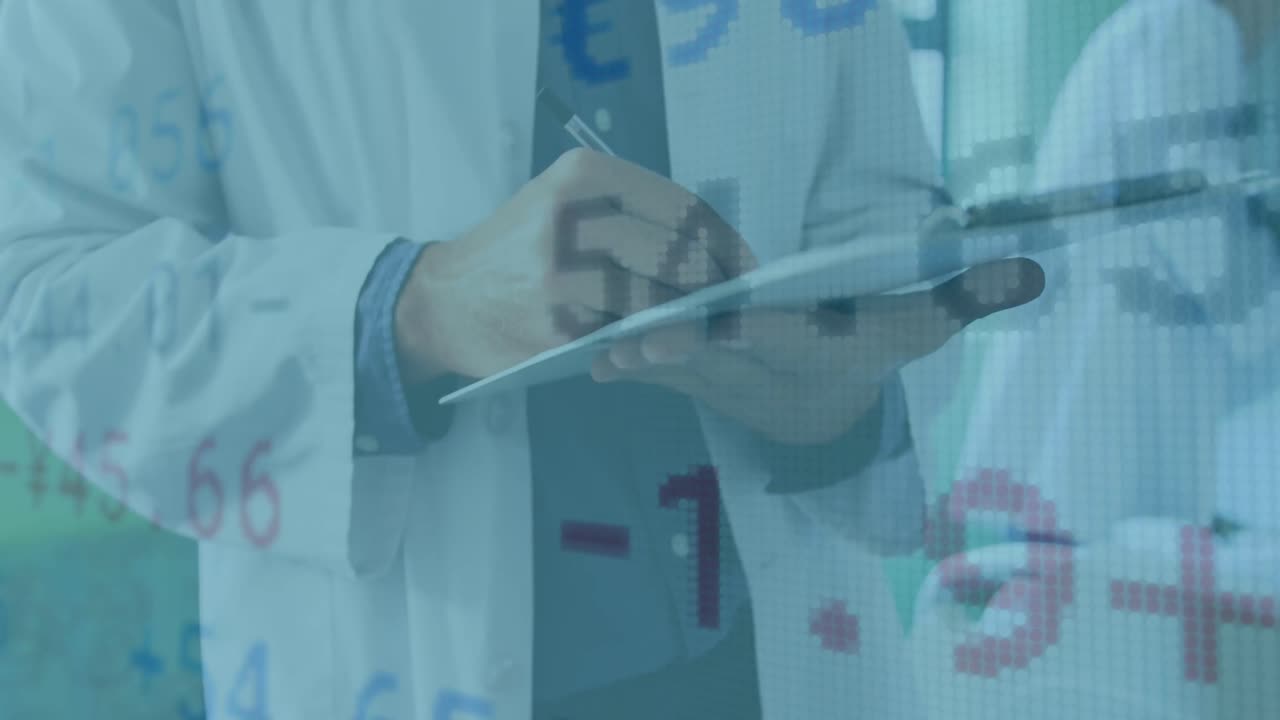 animación del procesamiento de datos financieros sobre la escritura de un médico masculino