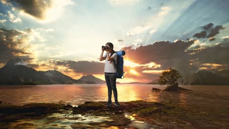 full body of asian female hiker with mountaineering backpack using a camera taking picture at a lake