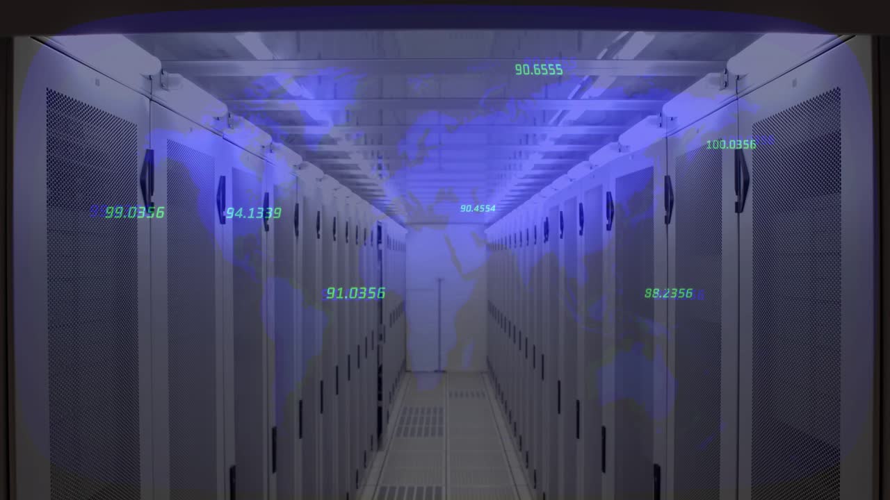 Server aisle centered, blue overlay appearing and sending moving green readouts showing rack health