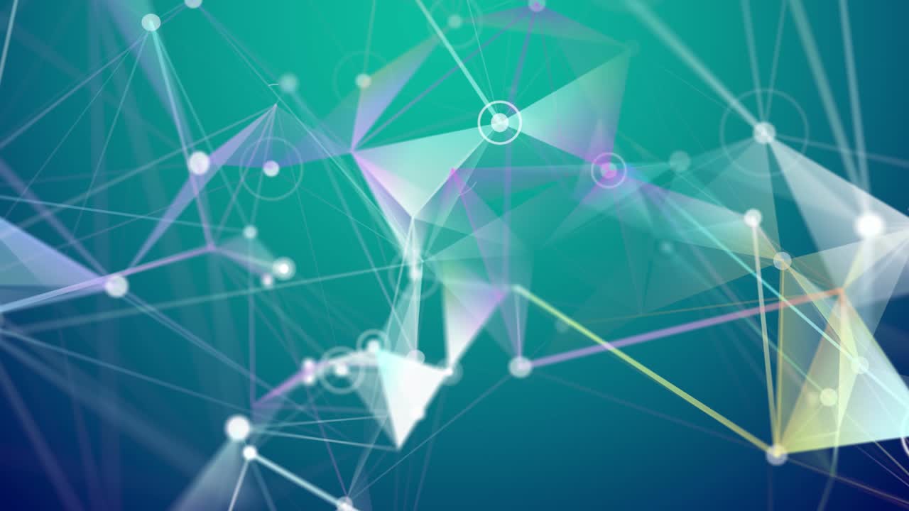 칠색 바탕을 가진 그래픽 배경과 모서리에 원이 나타나는 삼각형을 형성하는 색 선의 개념