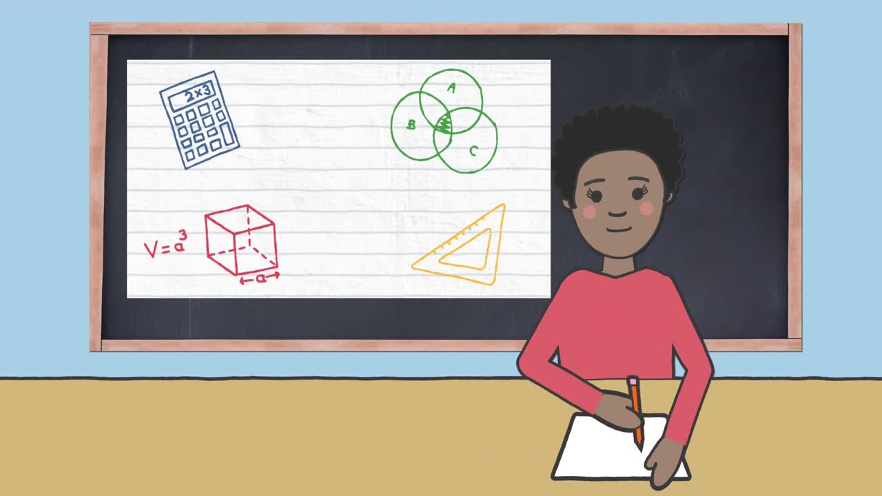 Animation of schoolgirl taking notes over blackboard with school items icons on blue background