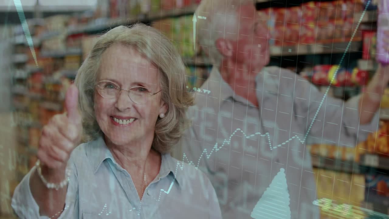 Ældre par ser på snacks på markedet og holder en blå bar, der får et finansdiagram til at stige