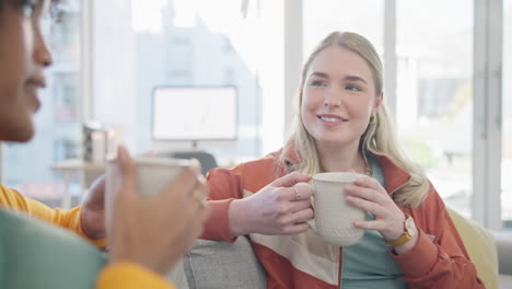 coffee, friends and women in conversation in home