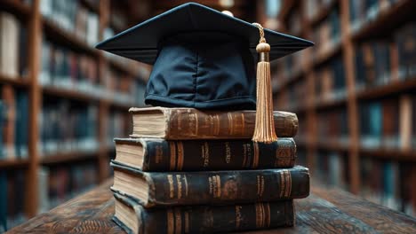 graduation cap on books in library