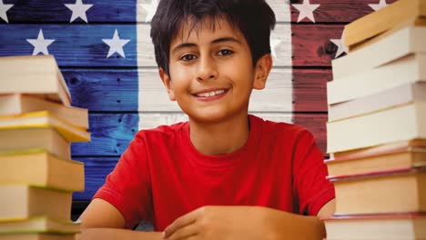 animation of mixed race boy smiling over american flag