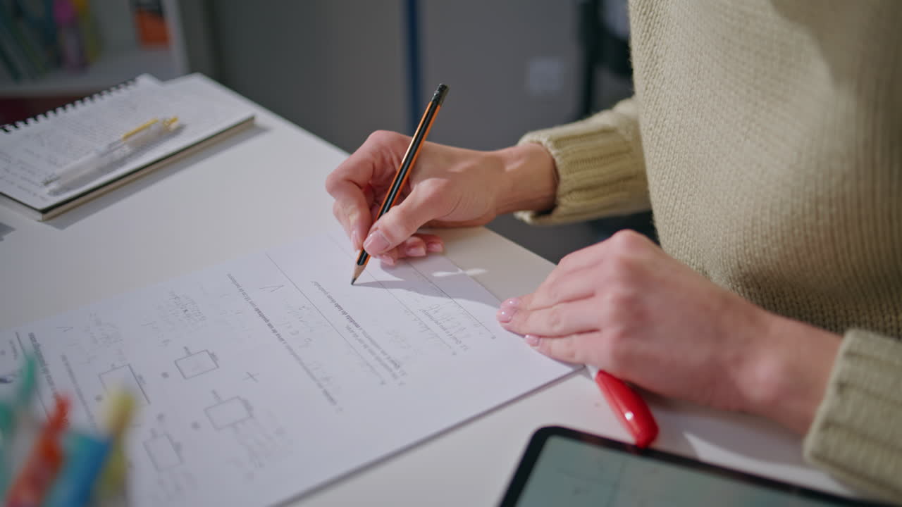 High school student noticing home closeup. Unrecognizable girl studying remotely