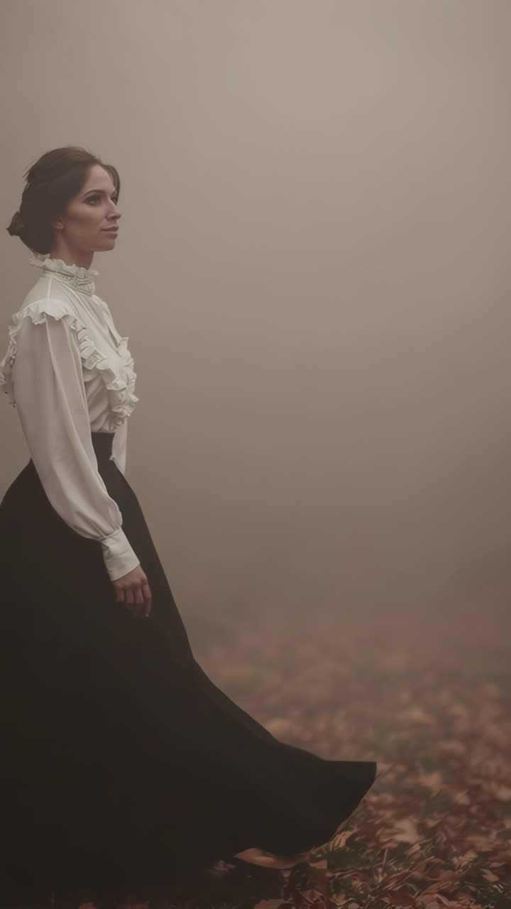 Donna in abito storico che cammina attraverso un paesaggio autunnale nebbioso