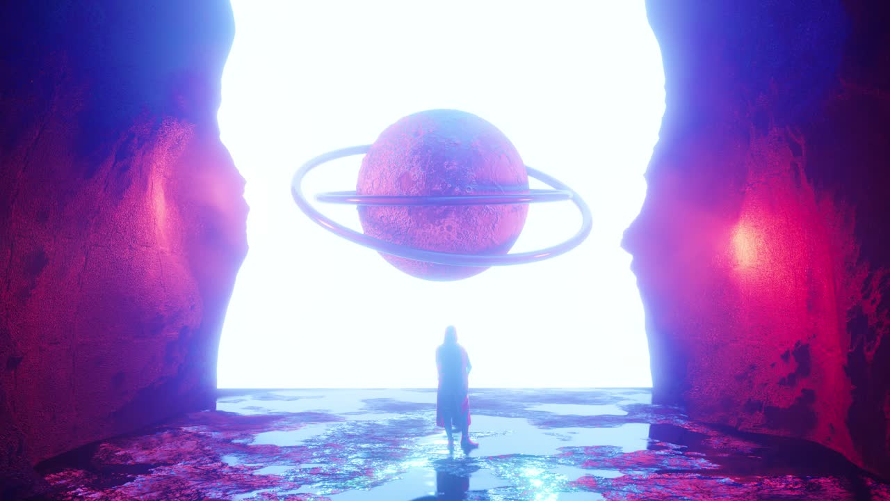 Futuristic traveler admiring burning planet. Sci-Fi scene, 3d animation