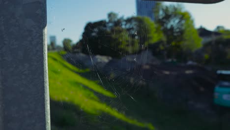 spiderweb during a summer day in the wind in slow motion at a train station in tallinn estonia in a stop called tondi made between some metallic rails