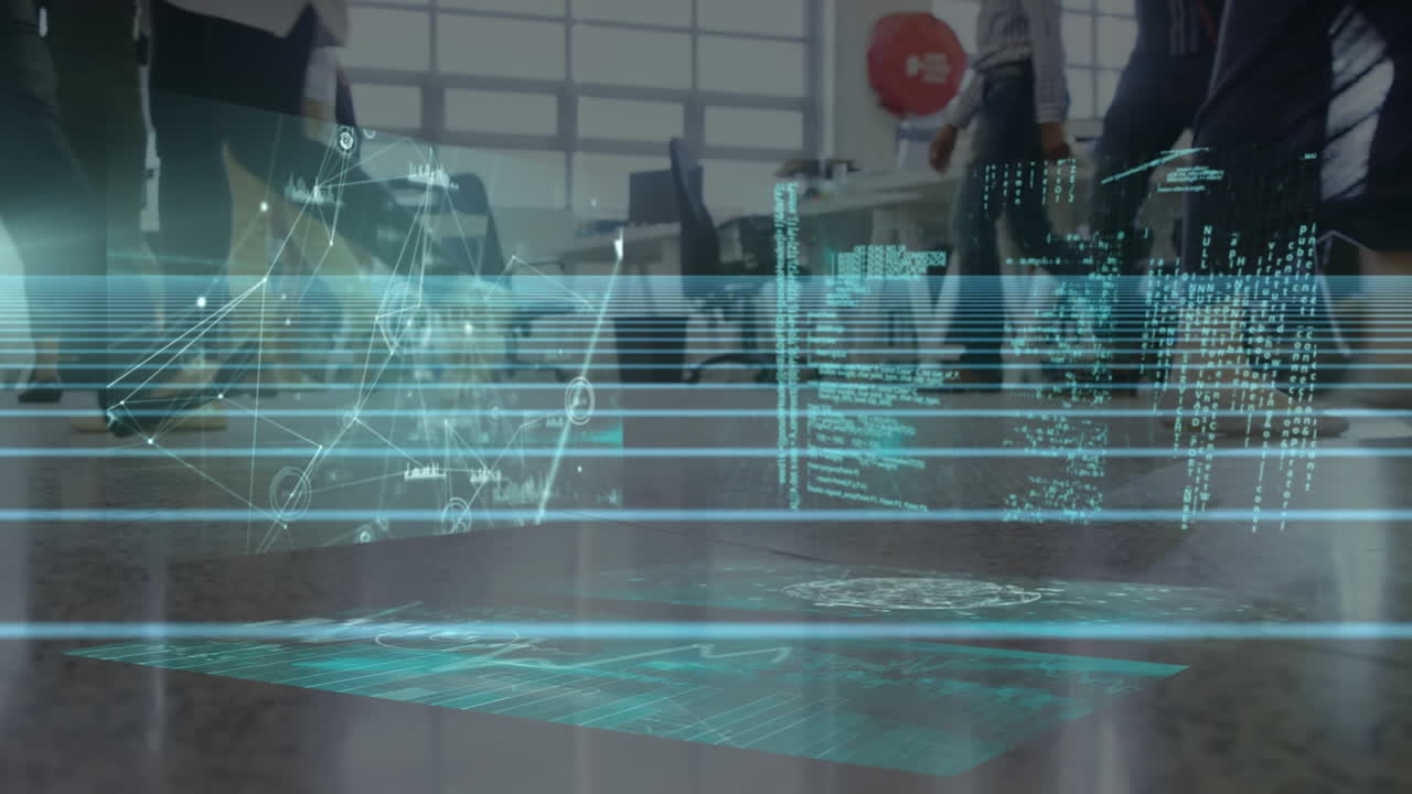 Animation of data processing on screens over pedestrians walking in slow motion