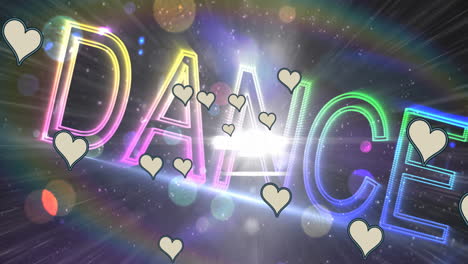 animación de corazones sobre texto de baile de neón y puntos de luz en el fondo