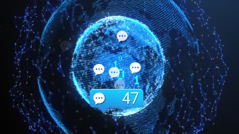 animation of social media icons over globe of network of connections against blue background