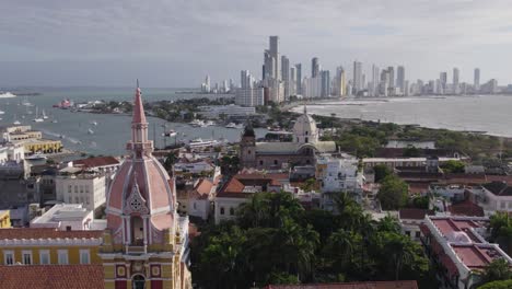 Flying-Above-Historic-Center,-Majestic-Catedral-De-Santa-Catalina-De-Alejandría-And-Coastal-Town