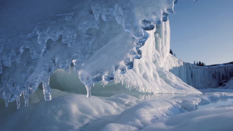 stunning ice formations and icicles reflected in frozen water