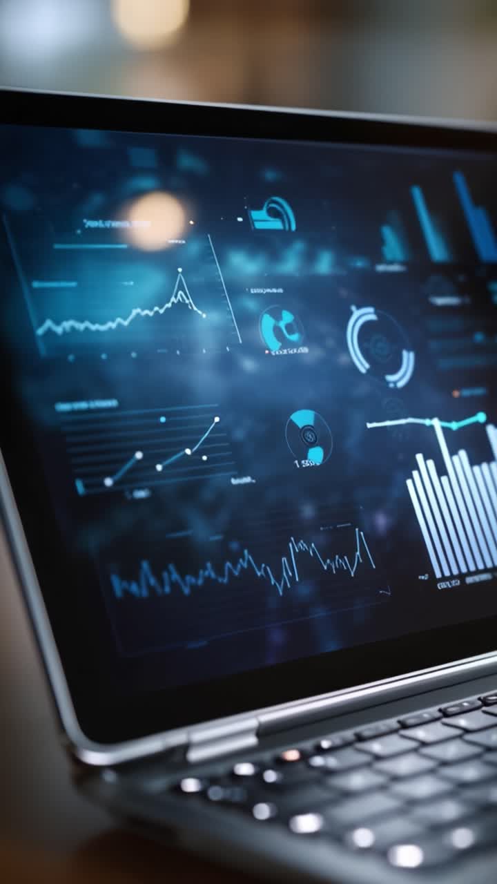 Advanced Data Analysis on a Laptop Screen Showing Dynamic Graphs and Metrics Visualization for Insightful Business Decision-Making