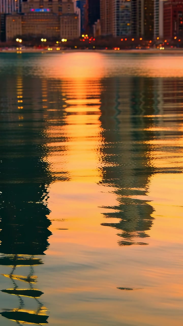 Low sun creating vertical reflection on water, wind-triggered ripples reshaping buildings for film