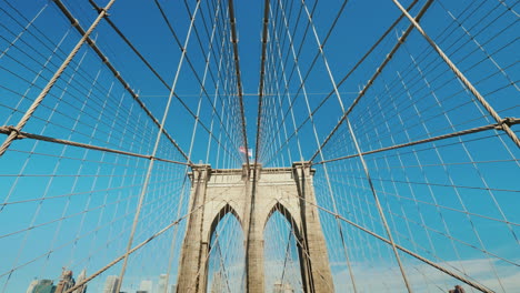 walk on the brooklyn bridge pylons and ropes of the bridge against the serene blue sky