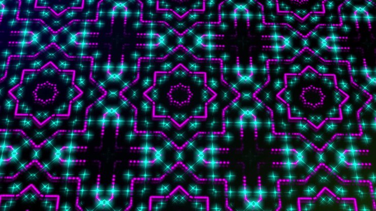 Animated illustration light shinning pink and blue dots and stars square shapes.