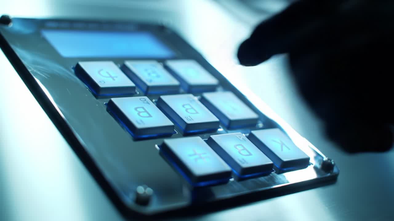 A Close-Up Look at a High-Tech Keypad: User Interacting with Digital Control Panel in a Modern Environment, Highlighting Security Features and User Interface Design