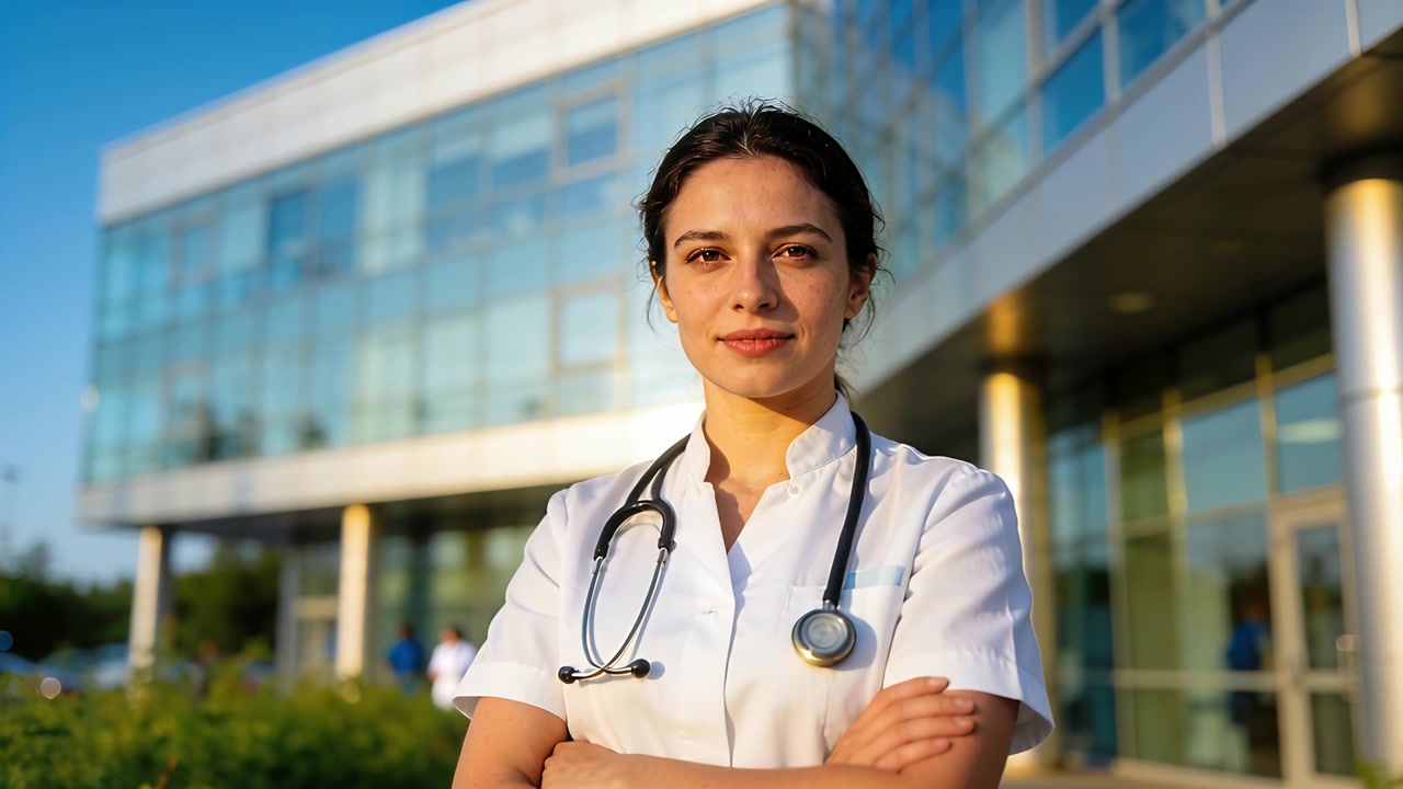 Médica de pie con blusa blanca y estetoscopio, mientras la cámara se acerca en una clínica para un retrato.