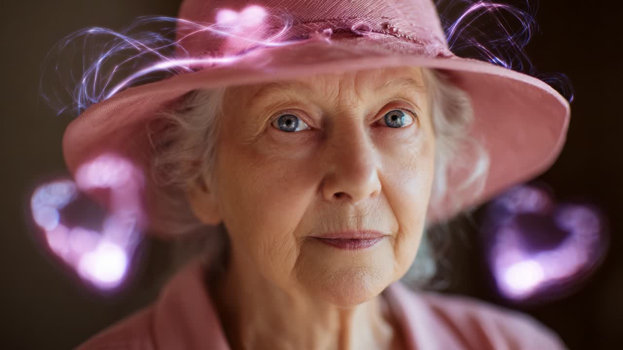 An Elegant Elderly Woman Captured in Two Frames Sporting a Stylish Pink Hat and Enveloped in a Dreamy Aura of Floating Hearts, Evoking Warmth, Love, and Timeless Beauty in Portraiture