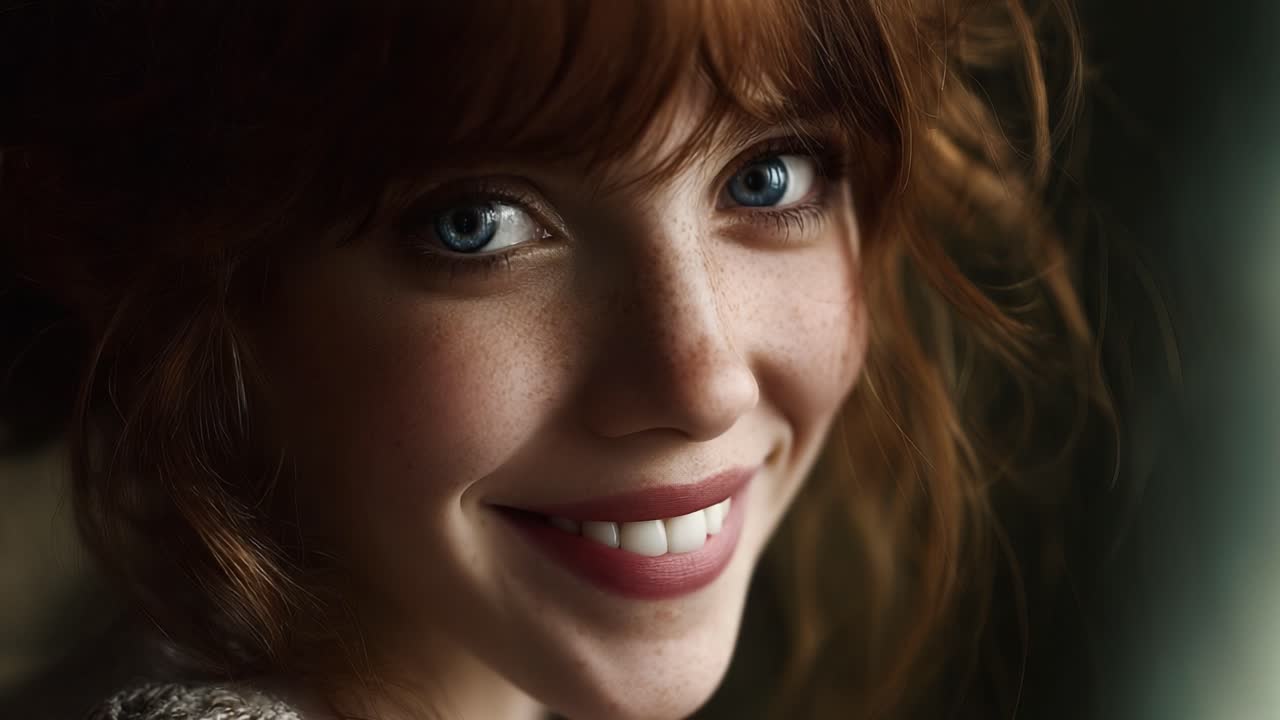 Captivating Portrait of a Young Woman with Striking Blue Eyes and Fiery Red Hair, Transitioning from a Thoughtful Stare to a Radiant Smile