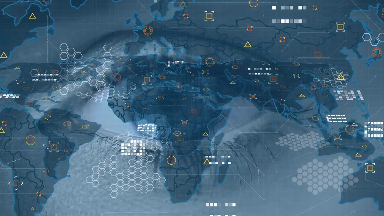 animación del mapa del mundo e iconos sobre el ojo de una mujer caucásica