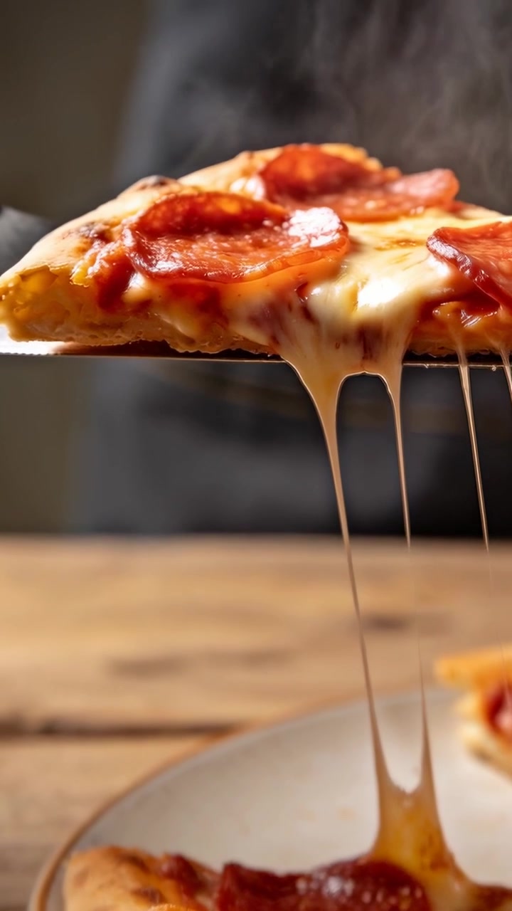 Video verticale: Cuoco che fa scivolare una paletta sotto una fetta di salame piccante, sollevandola per servire a tavola, con il formaggio che si allunga.