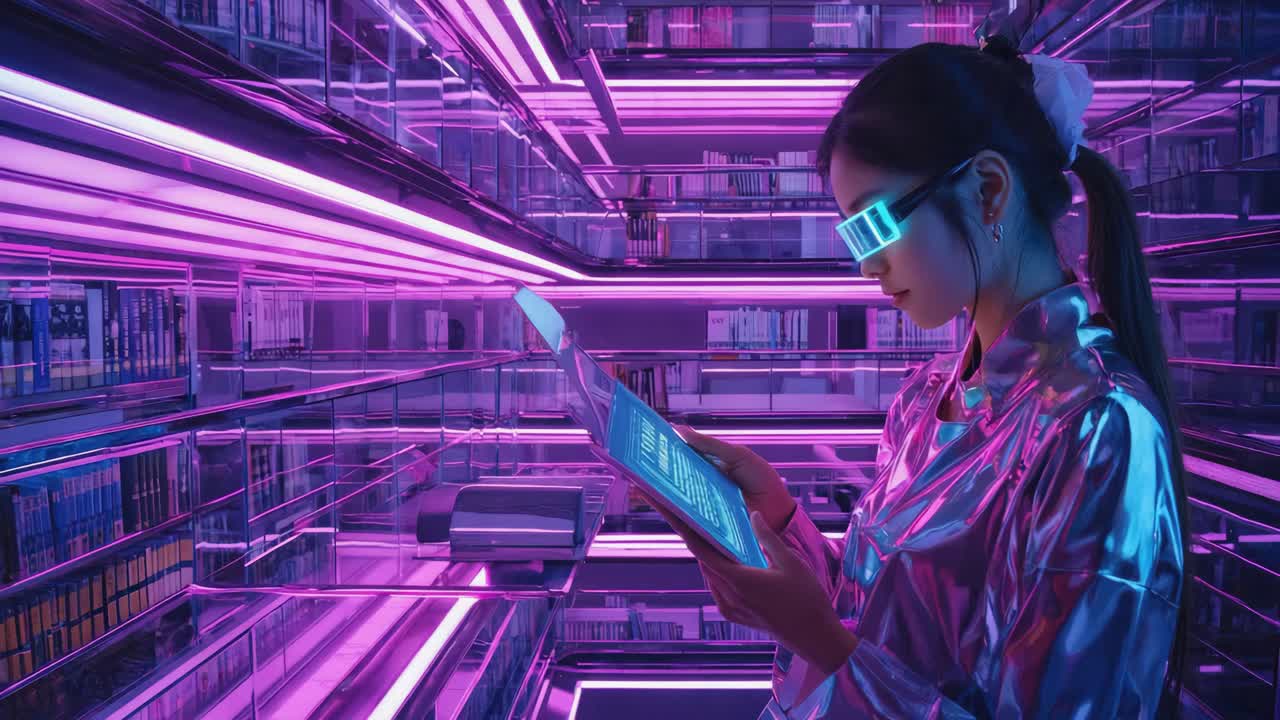 Woman with futuristic glasses and glowing tablet in a neon-lit cyber library