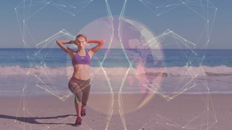 animation of network of connections and globe over practicing yoga on the beach