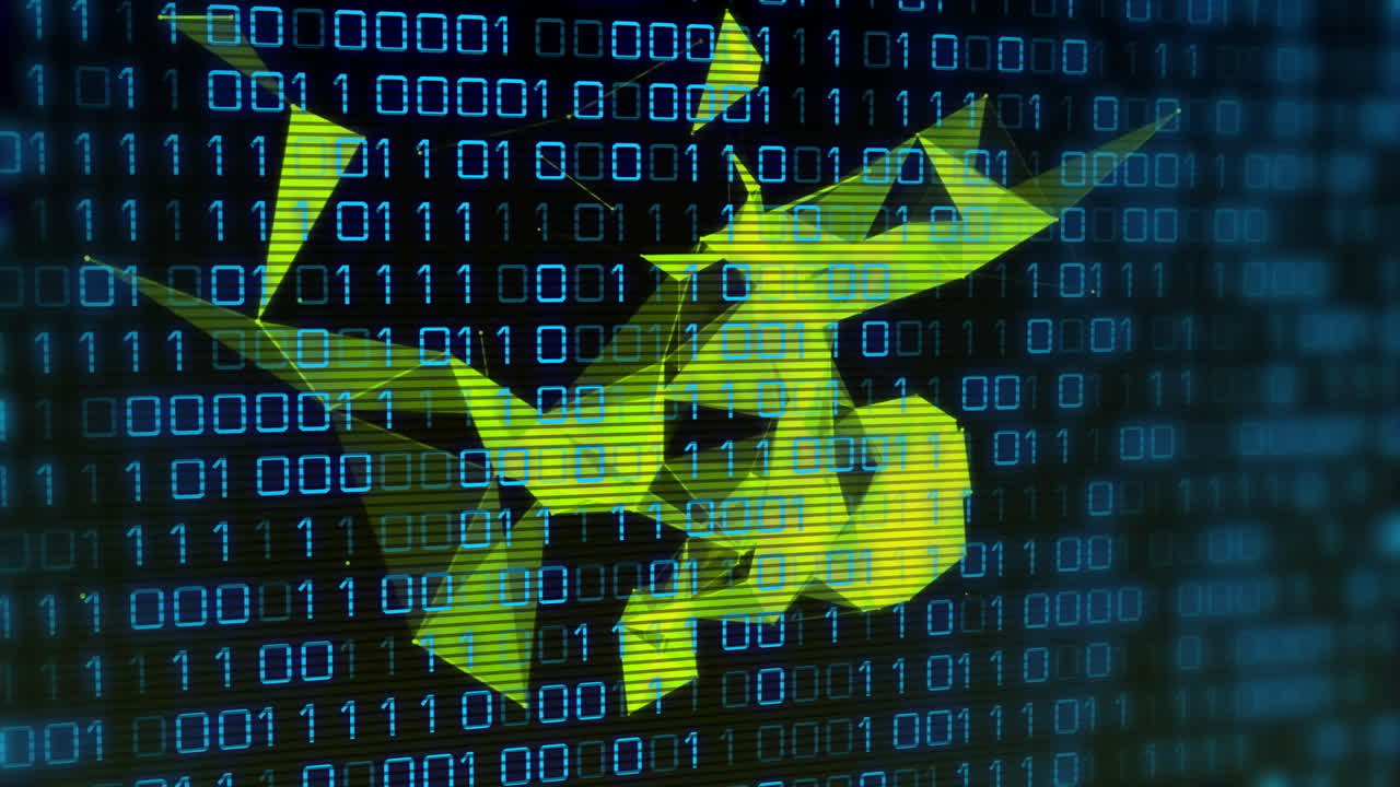 желтые абстрактные фигуры и двоичный код, анимация обработки данных