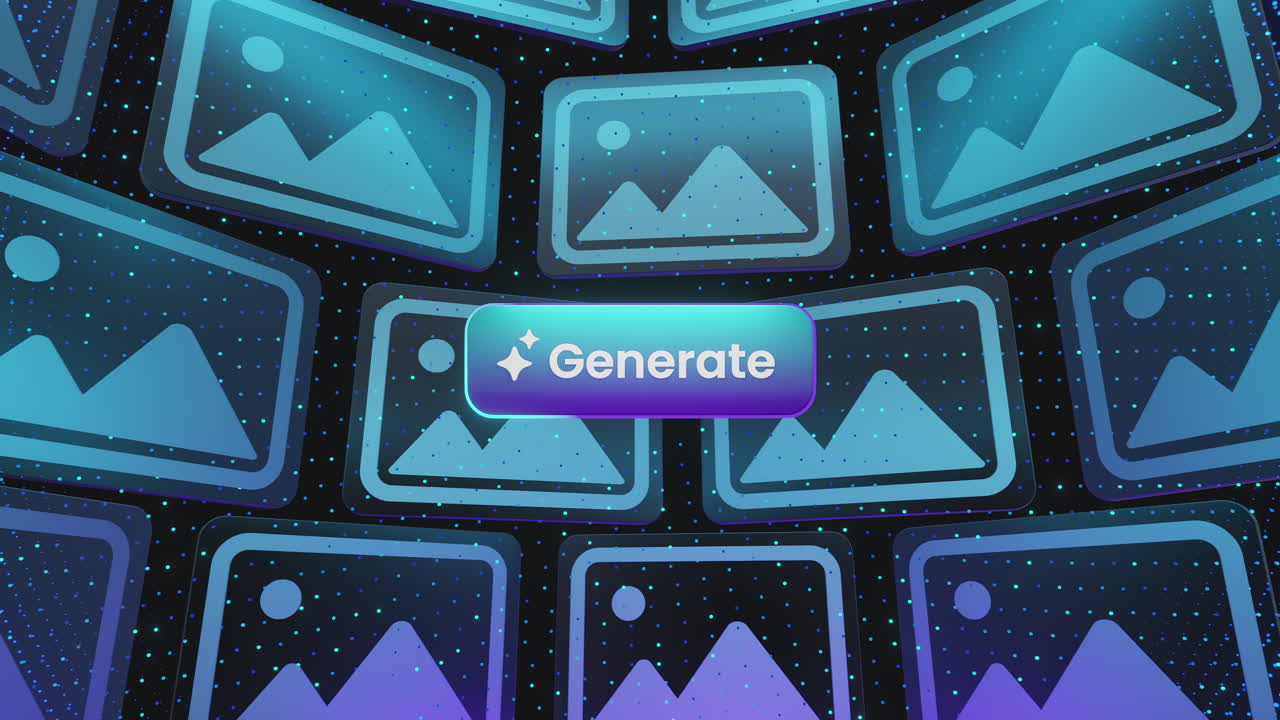 AI image generation concept showing a glowing Generate button surrounded by multiple image icons, symbolizing smart creativity, digital automation, and futuristic content creation