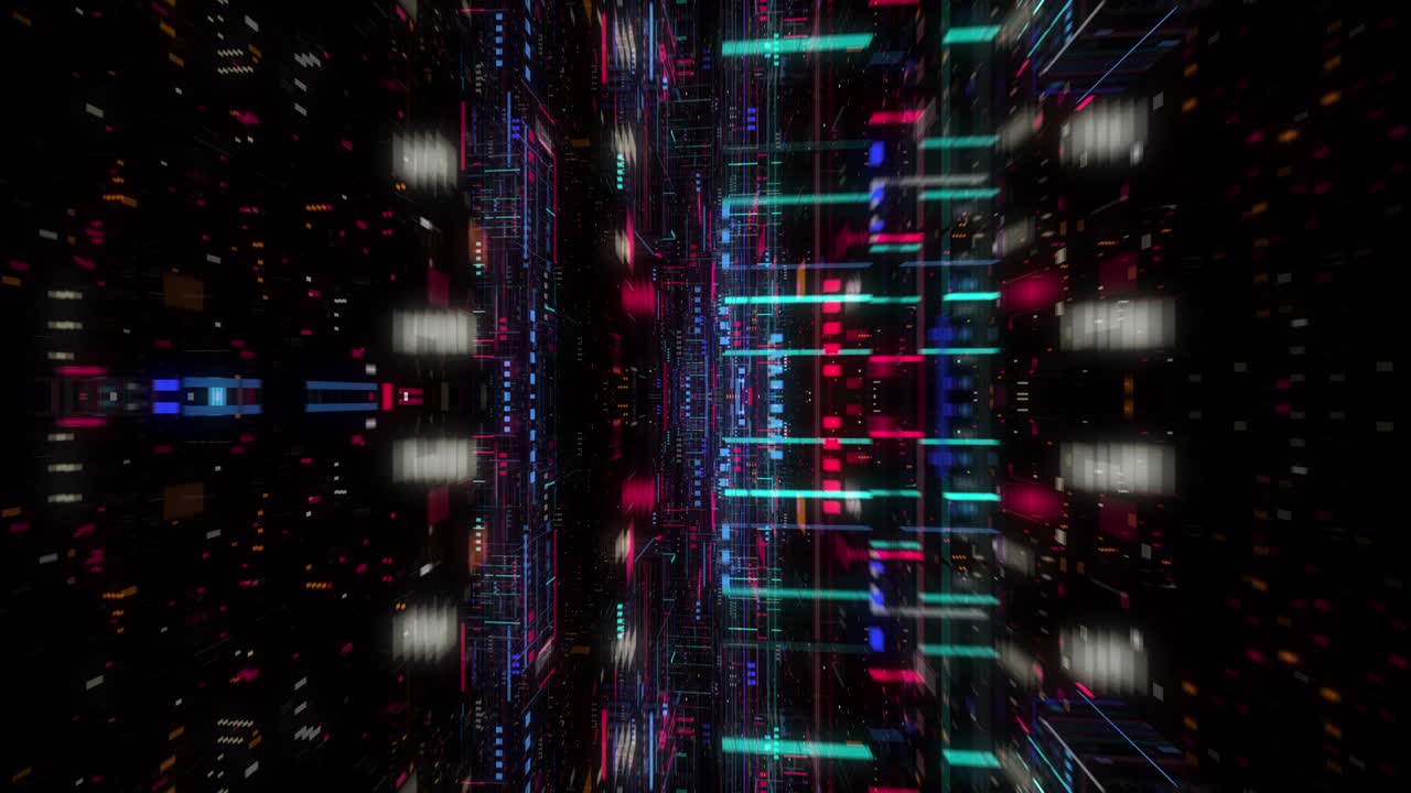 Nahtloser Loop eines abstrakten futuristischen technologischen Hintergrunds, schwebende Schaltkreise, Diagramme, Ziffernelemente