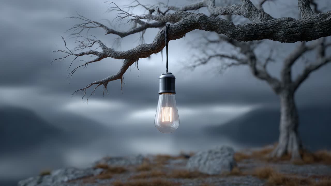 A solitary tree hangs a glowing light from its twisted branch, illuminating the dark, moody landscape while casting an enchanting glow across the eerie surroundings