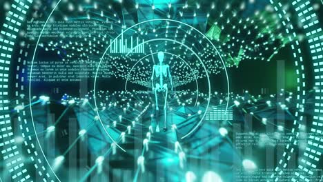 animación del alcance azul, el esqueleto y el procesamiento de datos sobre luces azules brillantes
