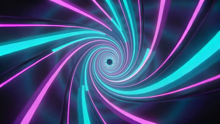 Vortice neon a spirale che ruota verso un vuoto nero in un tunnel, creando movimento con bande ciano-magenta e foschia.