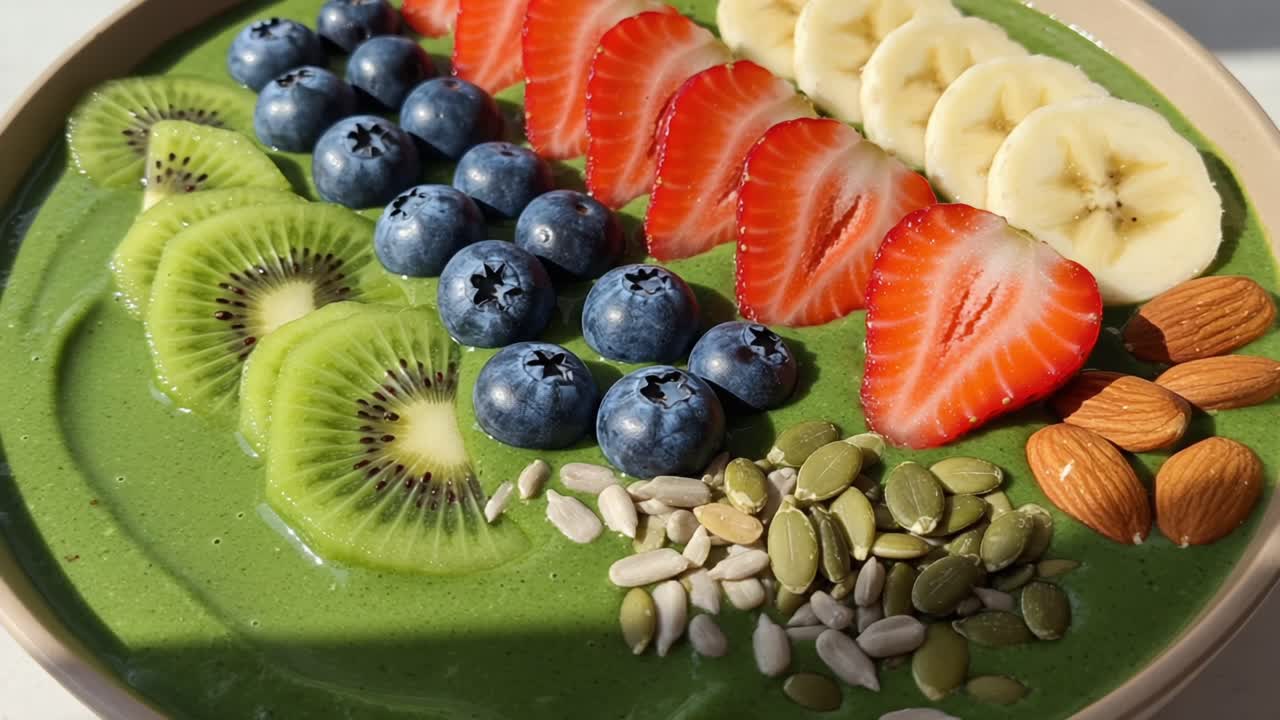 A Colorful Smoothie Bowl Topped with Fresh Fruits such as Strawberries, Bananas, Blueberries, and Kiwi Slices, Alongside a Garnish of Nuts and Seeds