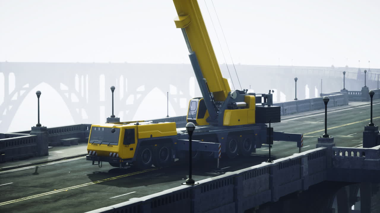 Heavy crane operates on a city bridge during foggy weather conditions