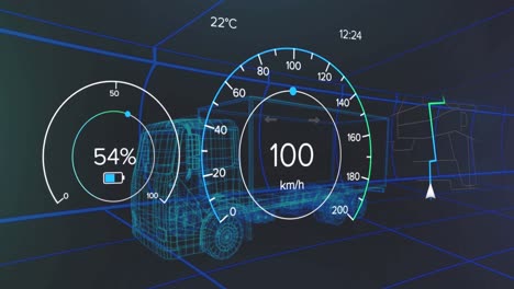 차량 인터페이스에서 스피도미터, gps 및 충전 상태 데이터의 애니메이션, 3d 트럭 모델